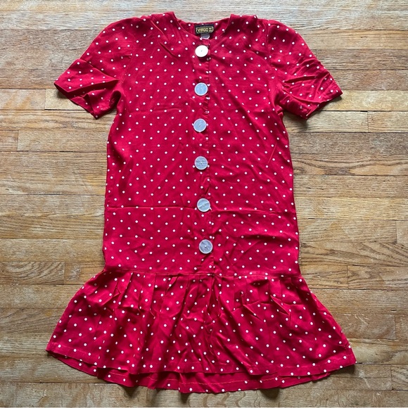 Vintage 80s Virgo II label Big Buttons Red White Polka Dots Dress  S/M - Picture 1 of 14